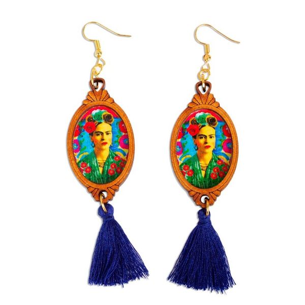 Alternate image for Handcrafted Frida Kahlo Wood Dangle Earrings Blue Tassels Frida with Roses