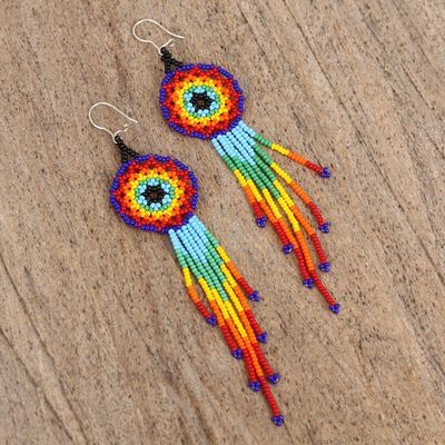 Alternate image for Huichol Multicolored Glass Beaded Earrings from Mexico Colorful Huichol Circles