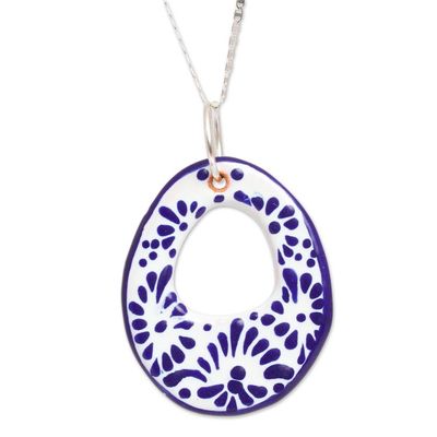 Alternate image for Ceramic Puebla-Style Blue Floral Egg-Shaped Pendant Necklace Indigo Morning