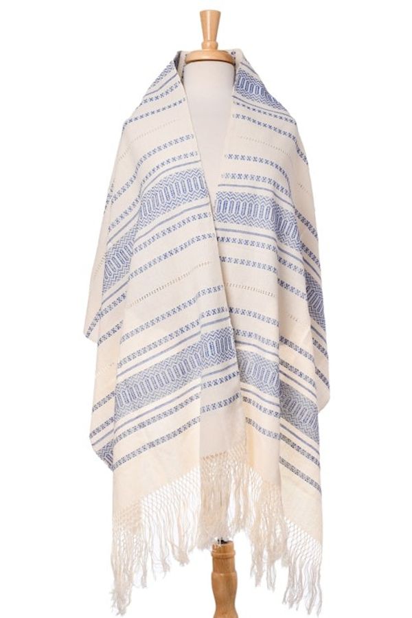 Alternate image for Hand Woven All Cotton Rebozo in Blue and Off-White Oaxacan Rhythm in Sapphire