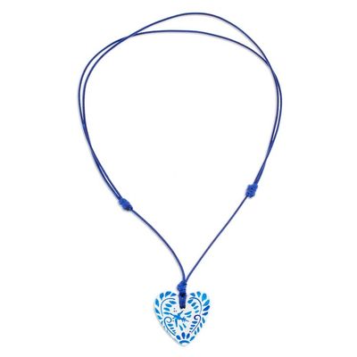 Alternate image for Talavera Style Blue  White Bird Papier Mache Heart Necklace Blue Talavera