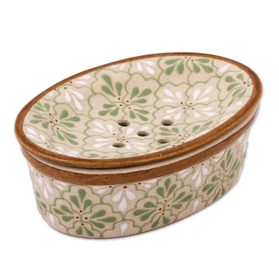 Alternate image for Handcrafted Green and White Floral Motif Ceramic Soap Dish Sweet Meadow