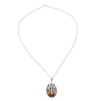 Alternate image for Religious Natural Flower Pendant Necklace from Mexico Floral Guadalupe