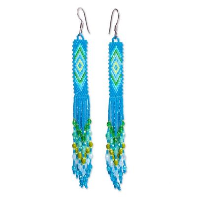 Alternate image for Handcrafted Peacock Blue Beadwork Huichol Waterfall Earrings Blue Diamond Talisman