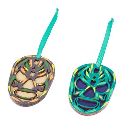 Alternate image for Pair of Hand-Painted Wood Mexican Wrestler Mask Ornaments Mexican Wrestler