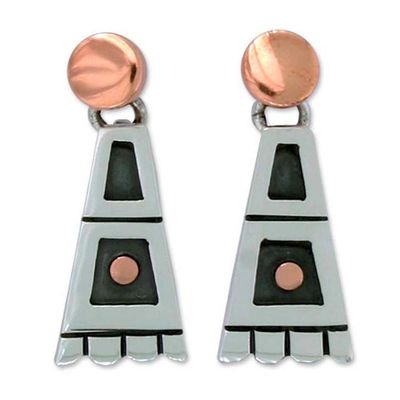 Alternate image for Collectible Taxco Silver Copper Dangle Earrings from Mexico Aztec Domino