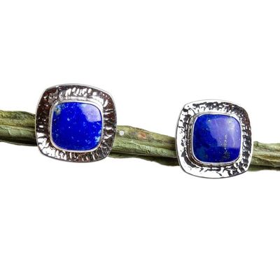 Alternate image for Square Lapis Lazuli Button Earrings from Mexico Watery Reflection