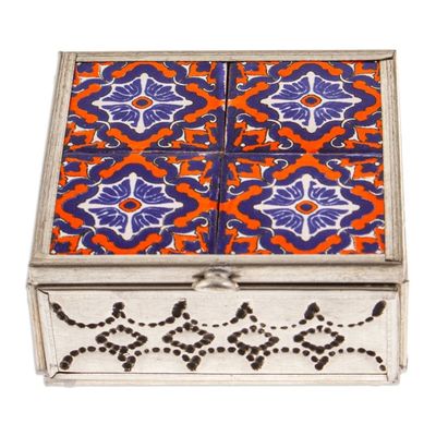 Alternate image for Handcrafted Tin and Ceramic Jewelry Box in Blue and Orange Twilight Mansion