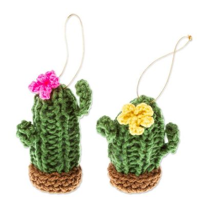 Alternate image for Artisan Crafted Crocheted Cactus Ornaments Pair Saguaro Joy