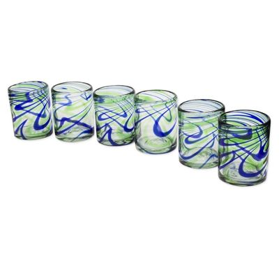 Alternate image for Set of 6 Hand Made Blown Glass Rocks Glass in Blue and Green Elegant Energy