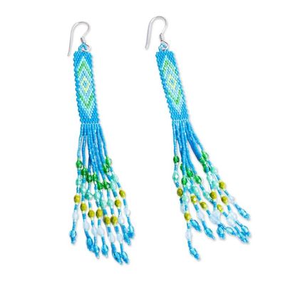 Alternate image for Handcrafted Peacock Blue Beadwork Huichol Waterfall Earrings Blue Diamond Talisman
