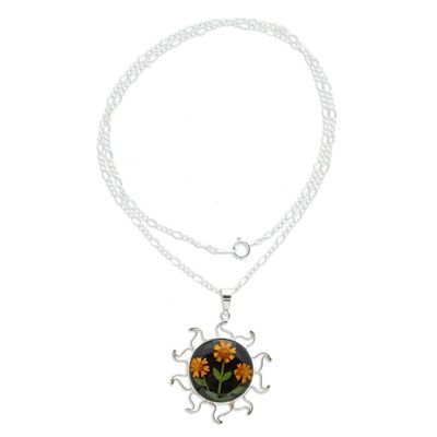 Alternate image for Natural Flower Sunflower Pendant Necklace from Mexico Sunny Sunflowers