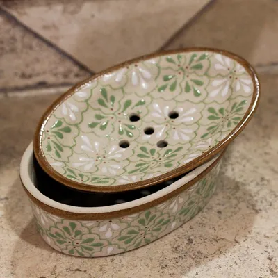 Alternate image for Handcrafted Green and White Floral Motif Ceramic Soap Dish Sweet Meadow