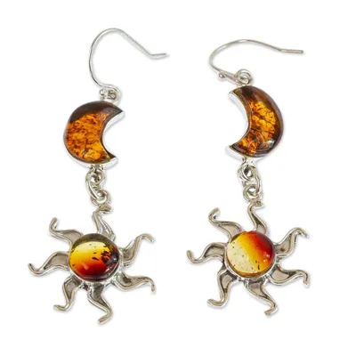 Alternate image for Sun and Moon Amber Dangle Earrings Ancient Sun and Moon