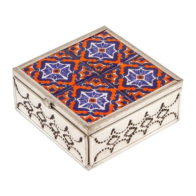 Alternate image for Handcrafted Tin and Ceramic Jewelry Box in Blue and Orange Twilight Mansion
