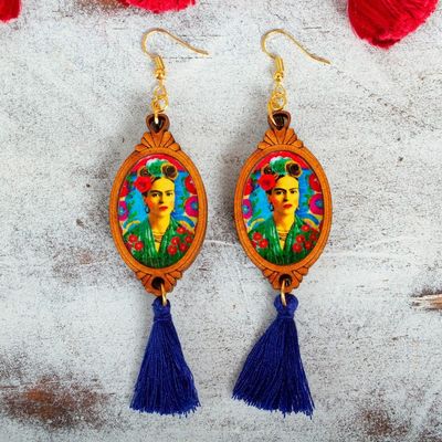 Alternate image for Handcrafted Frida Kahlo Wood Dangle Earrings Blue Tassels Frida with Roses