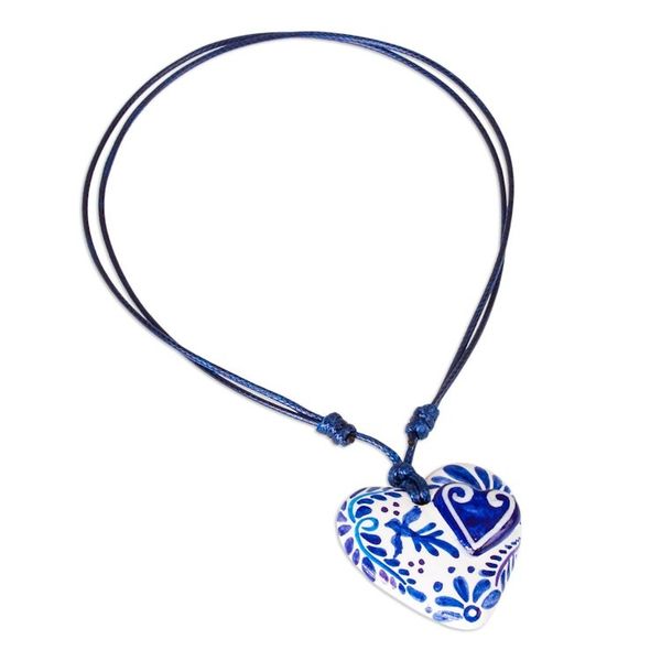 Alternate image for Blue White Talavera Theme Papier Mache Heart Necklace Talavera Swallow