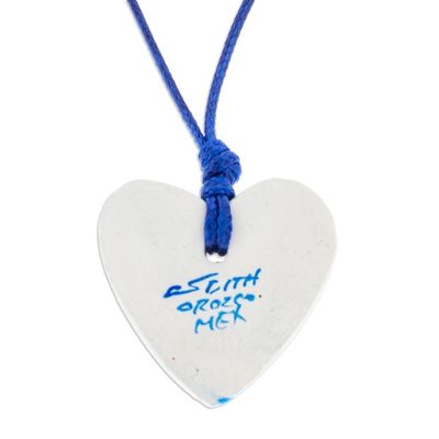 Alternate image for Talavera Style Blue  White Bird Papier Mache Heart Necklace Blue Talavera