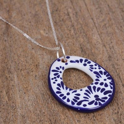 Alternate image for Ceramic Puebla-Style Blue Floral Egg-Shaped Pendant Necklace Indigo Morning