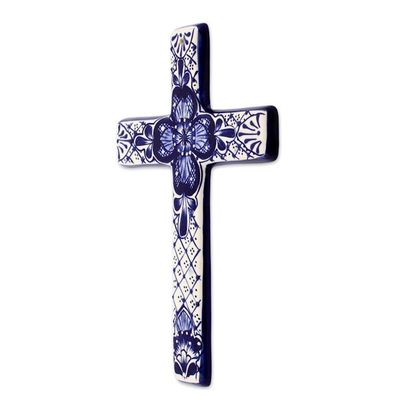 Alternate image for Hand Crafted Talavera Style Ceramic Wall Cross from Mexico Talavera Flower