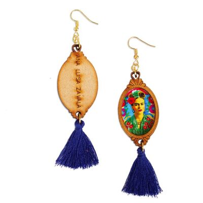 Alternate image for Handcrafted Frida Kahlo Wood Dangle Earrings Blue Tassels Frida with Roses