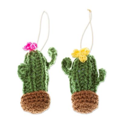 Alternate image for Artisan Crafted Crocheted Cactus Ornaments Pair Saguaro Joy