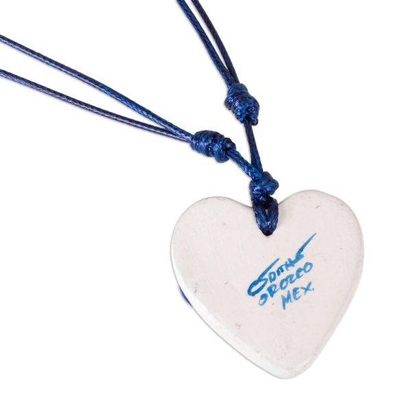Alternate image for Blue White Talavera Theme Papier Mache Heart Necklace Talavera Swallow