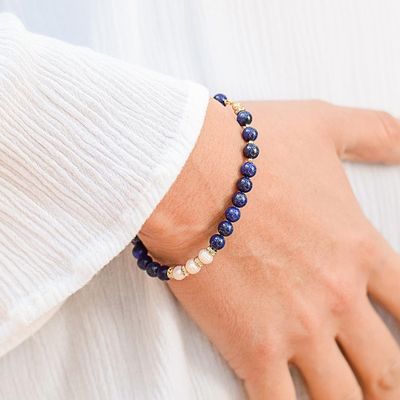 Alternate image for Gold Accent Cultured Pearl and Lapis Beaded Pendant Bracelet Midnight Moonrise
