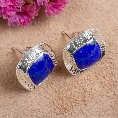 Alternate image for Square Lapis Lazuli Button Earrings from Mexico Watery Reflection