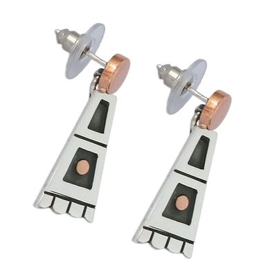 Alternate image for Collectible Taxco Silver Copper Dangle Earrings from Mexico Aztec Domino