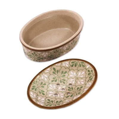 Alternate image for Handcrafted Green and White Floral Motif Ceramic Soap Dish Sweet Meadow