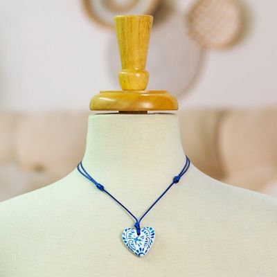 Alternate image for Talavera Style Blue  White Bird Papier Mache Heart Necklace Blue Talavera