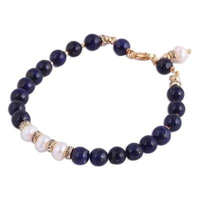 Alternate image for Gold Accent Cultured Pearl and Lapis Beaded Pendant Bracelet Midnight Moonrise