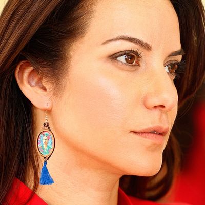 Alternate image for Handcrafted Frida Kahlo Wood Dangle Earrings Blue Tassels Frida with Roses