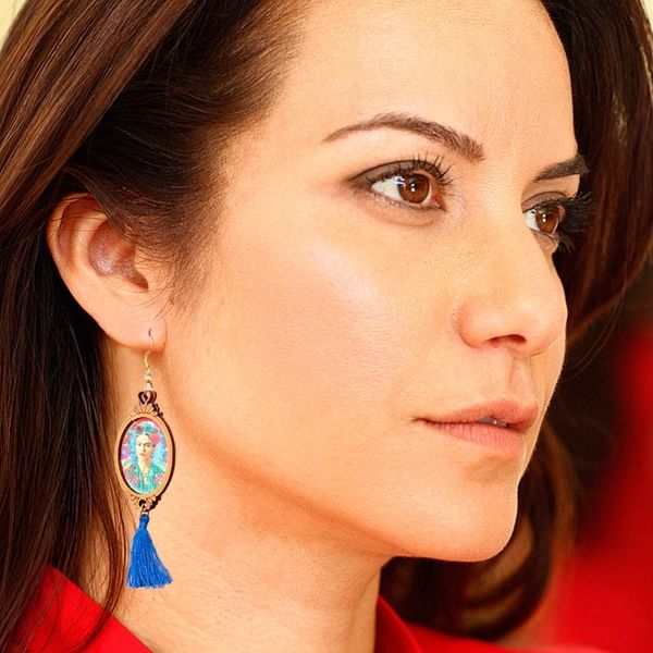 Alternate image for Handcrafted Frida Kahlo Wood Dangle Earrings Blue Tassels Frida with Roses