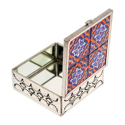 Alternate image for Handcrafted Tin and Ceramic Jewelry Box in Blue and Orange Twilight Mansion