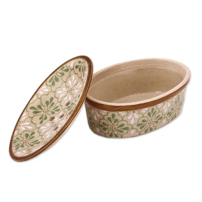 Alternate image for Handcrafted Green and White Floral Motif Ceramic Soap Dish Sweet Meadow