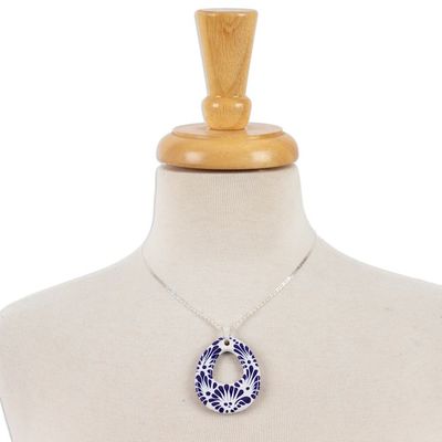 Alternate image for Ceramic Puebla-Style Blue Floral Egg-Shaped Pendant Necklace Indigo Morning