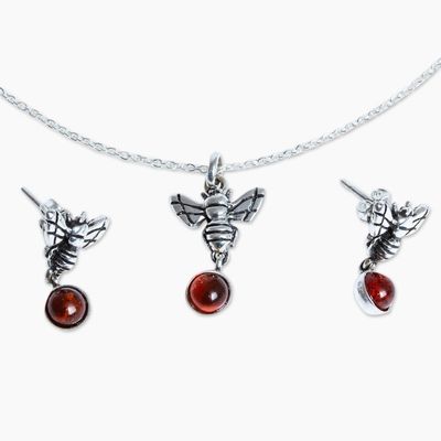 Alternate image for Amber and Sterling Silver Necklace and Earrings With Bees Delivering Honey