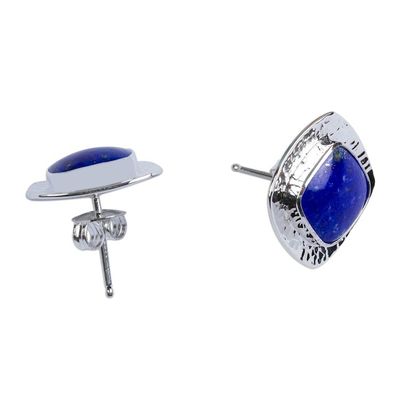 Alternate image for Square Lapis Lazuli Button Earrings from Mexico Watery Reflection