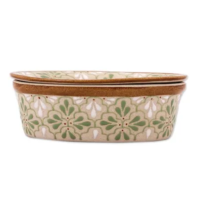 Alternate image for Handcrafted Green and White Floral Motif Ceramic Soap Dish Sweet Meadow