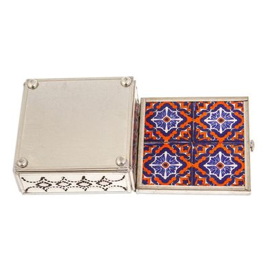 Alternate image for Handcrafted Tin and Ceramic Jewelry Box in Blue and Orange Twilight Mansion