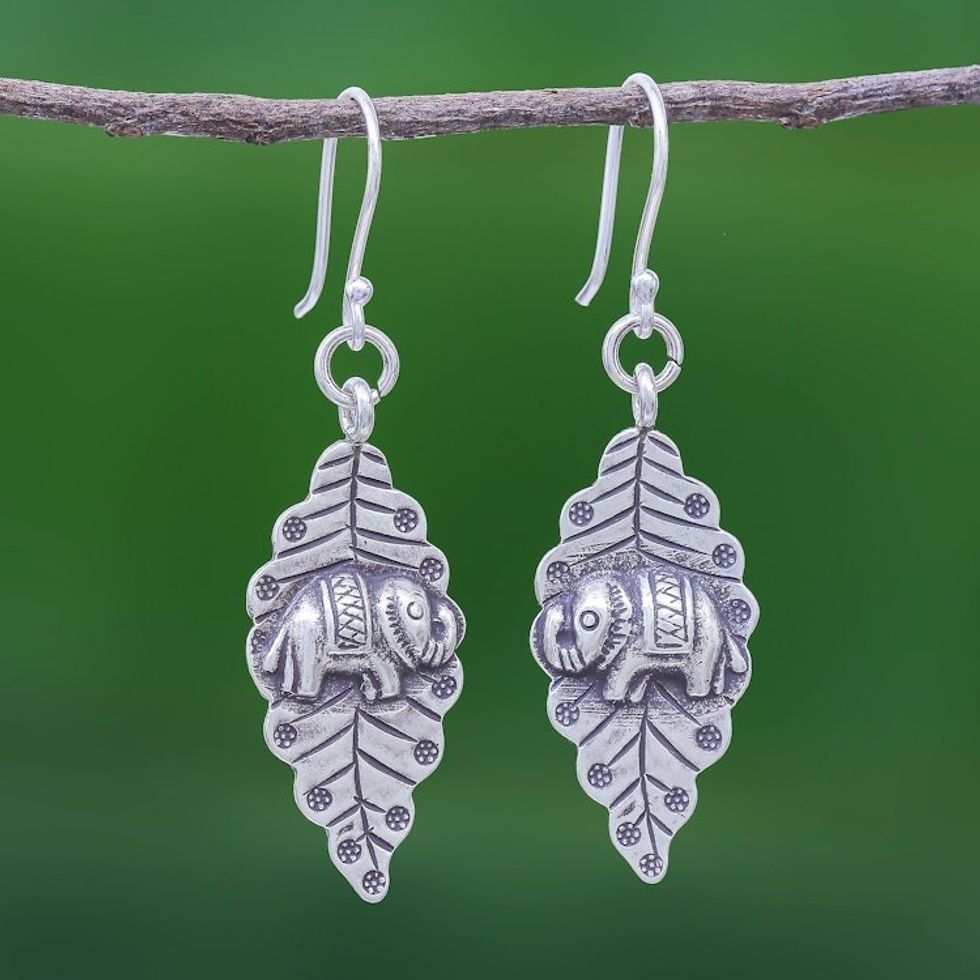 Oxidized Sterling Silver Leaf and Elephant Dangle Earrings 'Elephant Nature'