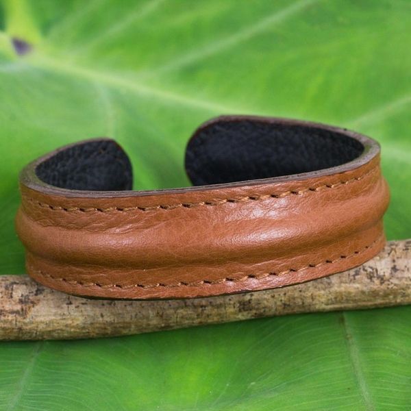 Alternate image for Mens Brown Leather Cuff Bracelet from Thailand Basic Brown