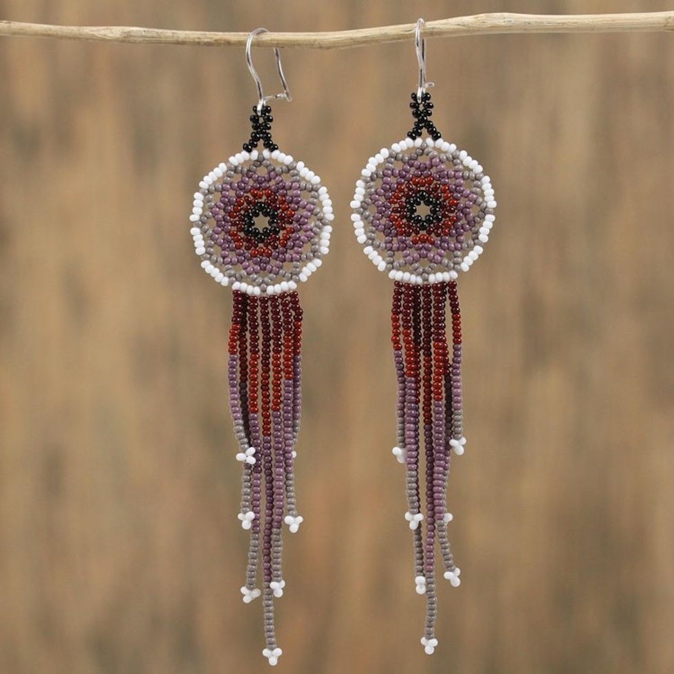 Handcrafted Glass Beaded Waterfall Earrings from Mexico 'Dark Rain'