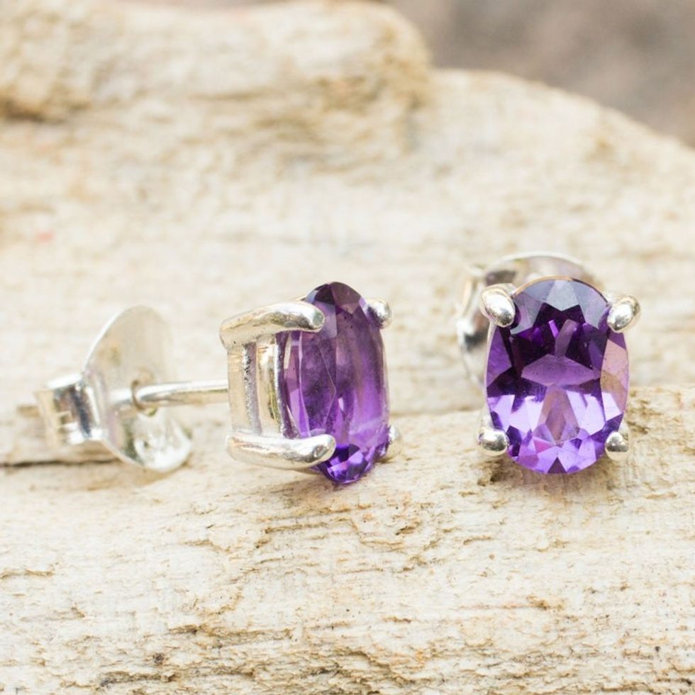 Amethyst Stud Earrings Sterling Silver Thai Jewelry 'Sparkling'