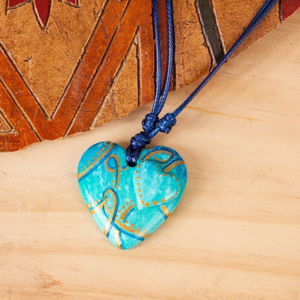Golden Accent Aqua Papier Mache Heart Necklace 'Hearts Together'
