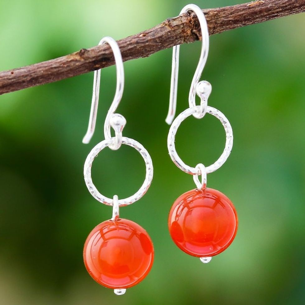 Round Carnelian Dangle Earrings Crafted in Thailand 'Ring Shimmer'