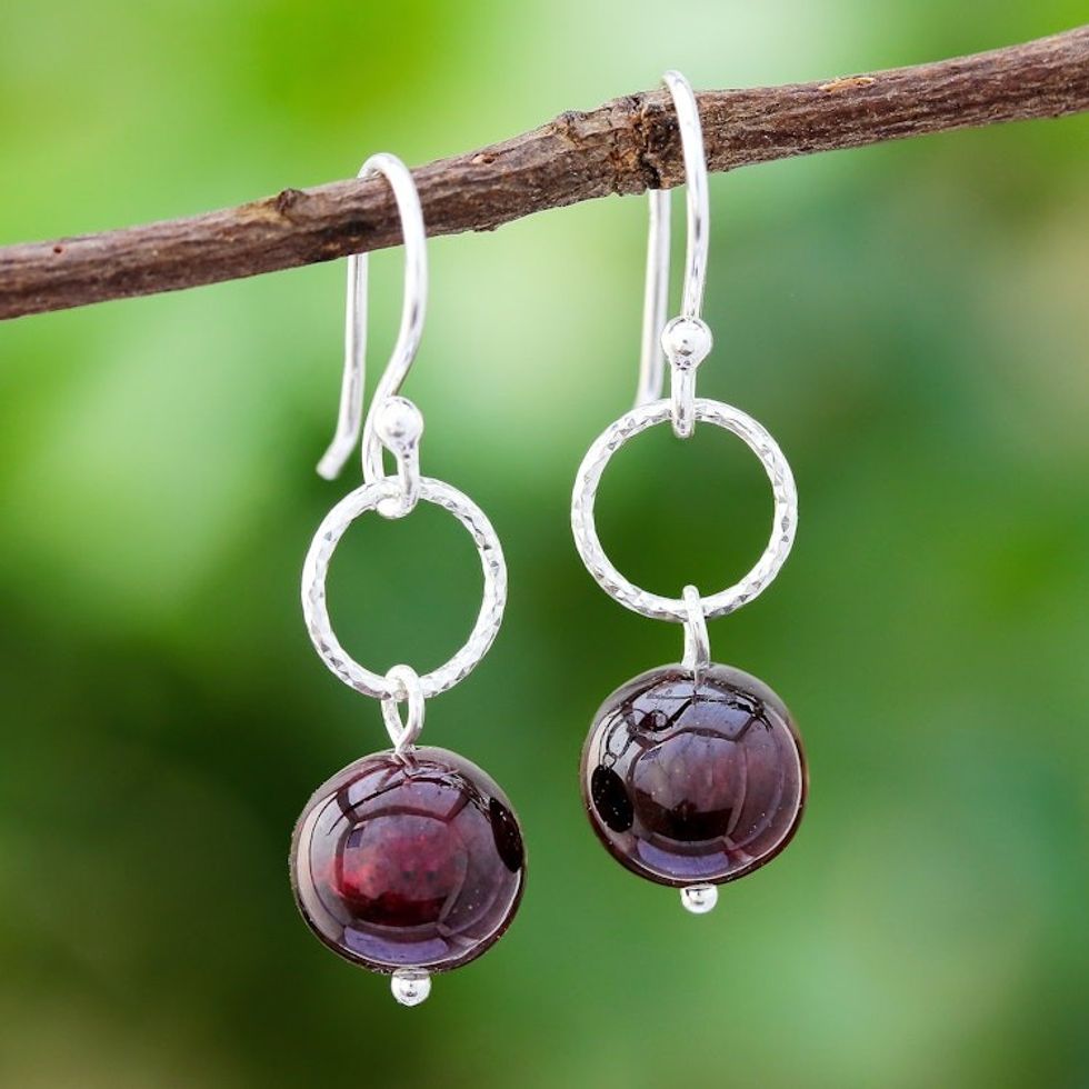 Round Garnet Dangle Earrings Crafted in Thailand 'Ring Shimmer'