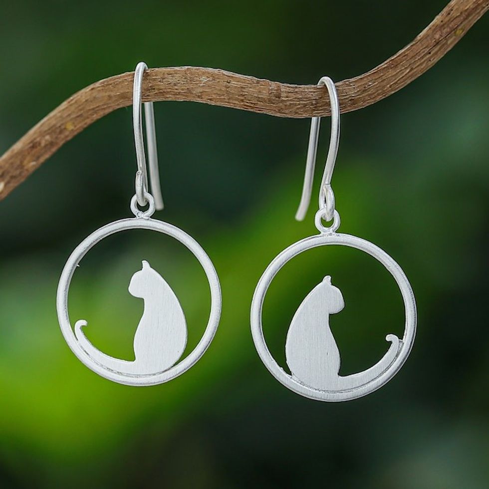 Silver Cat-Themed Dangle Earrings with Brushed-Satin Finish 'The Twins'